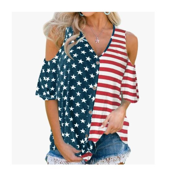 Spadehill Size S Cold Shoulder Button Down Top Stretch Stars Stripes America USA - Picture 1 of 13